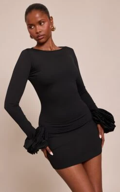 Prettylittlething Black Boat Neck Puff Sleeve Bodycon Dress