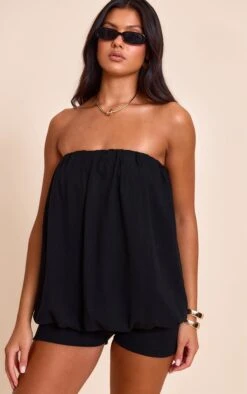 Prettylittlething Black Textured Bandeau Puffball Romper
