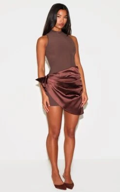 Prettylittlething Chocolate Woven High Neck Satin Drape Mini Dress -Pretty Little Thing Shop 0a0da2215e6b1a2a98ceb5563b05636143f75015 CNL7224 3 chocolate woven high neck satin drape mini dress