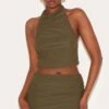 Prettylittlething Khaki Soft Touch Ruched Halter Crop Top