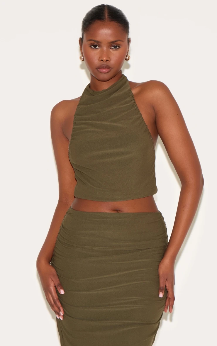 Prettylittlething Khaki Soft Touch Ruched Halter Crop Top 1 Prettylittlething Khaki Soft Touch Ruched Halter Crop Top