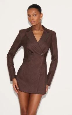 Prettylittlething Dark Chocolate Asymmetric Tailored Blazer Dress