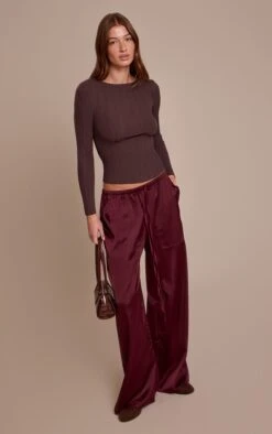 Prettylittlething Burgundy Satin Low Rise Wide Leg Drawstring Pants