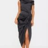 Prettylittlething Black Satin Off The Shoulder Draped Skirt Midi Dress