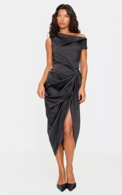 Prettylittlething Black Satin Off The Shoulder Draped Skirt Midi Dress