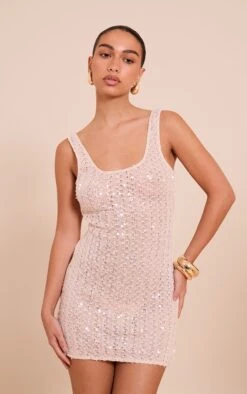 Prettylittlething Natural Sequin Scoop Neck Mini Dress