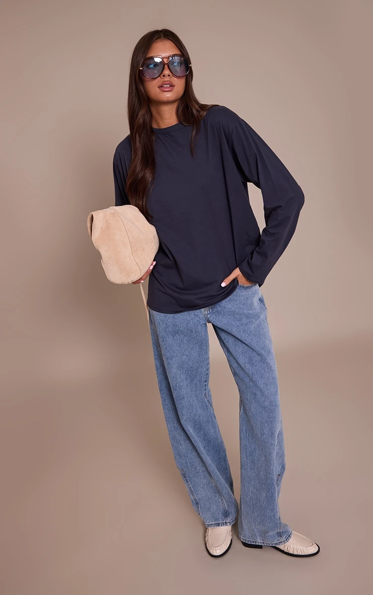 Prettylittlething Navy Cotton Basic Oversized Long Sleeve T-shirt - Image 3