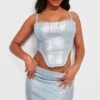 Prettylittlething Silver Metallic Coated Denim Corset Top