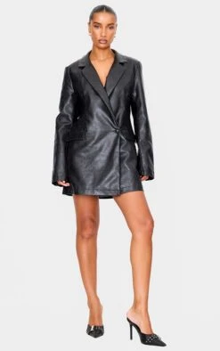Prettylittlething Black Structured Faux Leather Blazer Dress