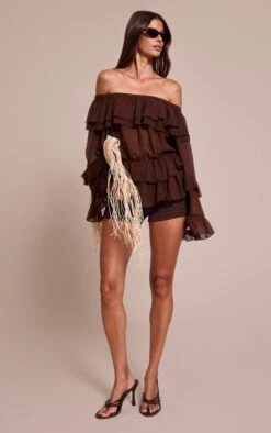 Prettylittlething Chocolate Chiffon Tiered Ruffle Bardot Top -Pretty Little Thing Shop 0b4f6b76be1349c89ca01b01ef4052d2eedceef0 CNN6802 3 chocolate chiffon tiered ruffle bardot top