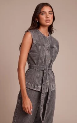 Prettylittlething Washed Grey Round Neck Cinch Belted Denim Top