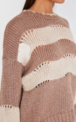 Prettylittlething Mocha Stripe Distressed Detail Chunky Knit Sweater -Pretty Little Thing Shop 0be58a9383f97e66685369d4576c4dd4feb31263 cnl5033 4