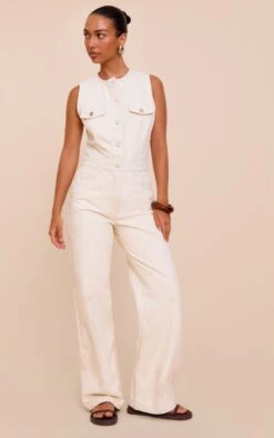 Prettylittlething Ecru Sleeveless Shirt Style Denim Jumpsuit