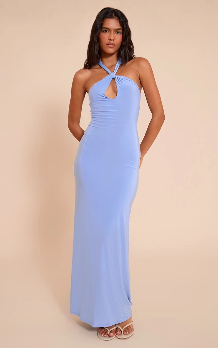 Prettylittlething Blue Slinky Keyhole Detail Sleeveless Maxi Dress 1 Prettylittlething Blue Slinky Keyhole Detail Sleeveless Maxi Dress