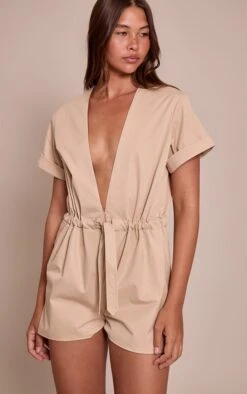 Beige Utility Tie Belt Romper