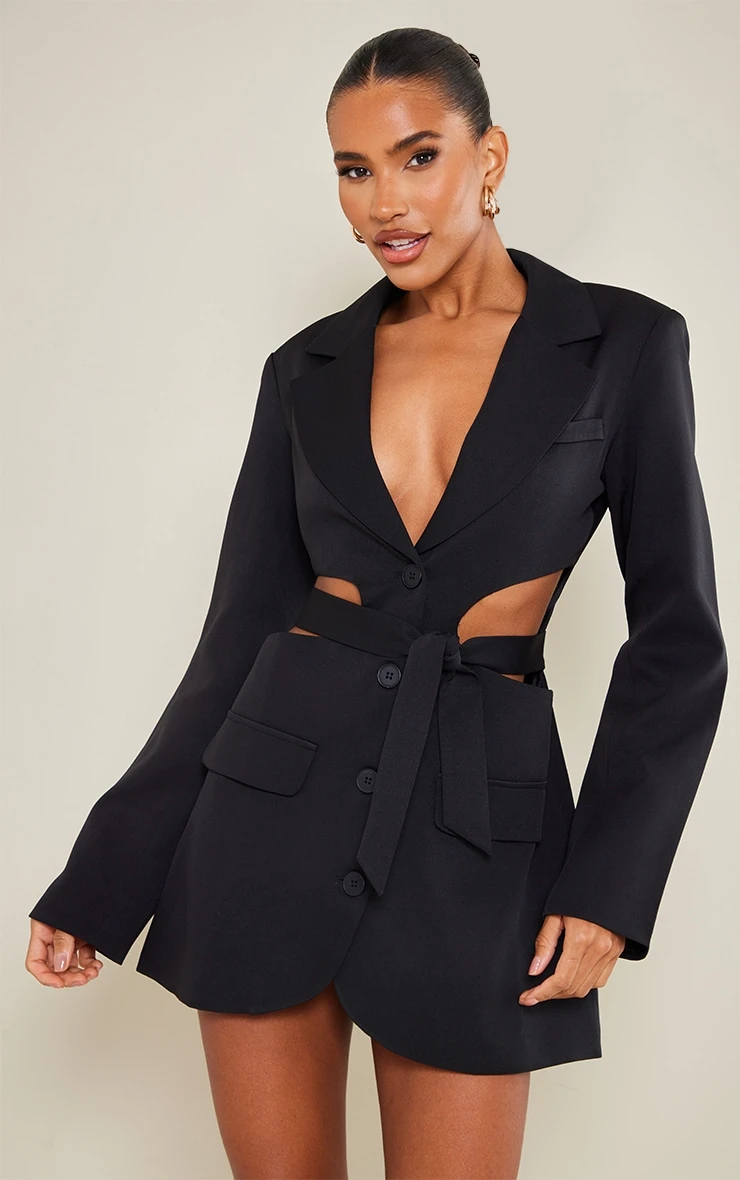 Prettylittlething Black Plunge Side Cut Out Tie Detail Blazer Dress 1 Prettylittlething Black Plunge Side Cut Out Tie Detail Blazer Dress