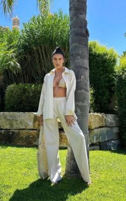 Prettylittlething Stone Linen Look Oversized Button Up Shirt