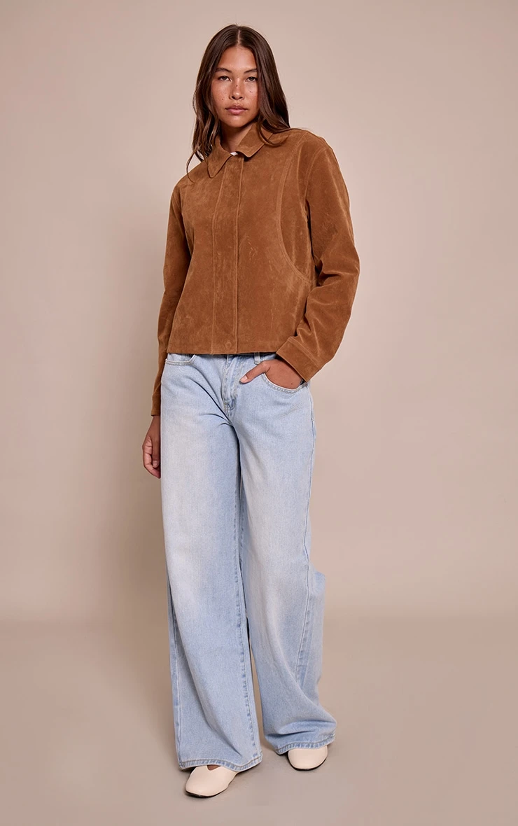 Prettylittlething Tan Faux Suede Concealed Placket Bomber Jacket 4 Prettylittlething Tan Faux Suede Concealed Placket Bomber Jacket - Image 4