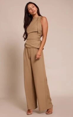 Khaki Woven High Neck Ruched Wide Leg Jumpsuit -Pretty Little Thing Shop 0d2305a90070e69ce52f753010eb9ffc1bc9271e CNO0485 3 khaki woven high neck ruched wide leg jumpsuit