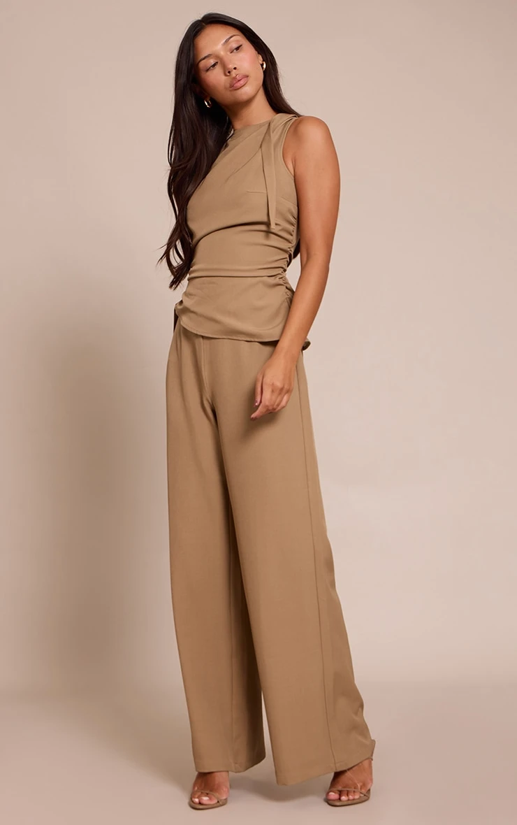 Khaki Woven High Neck Ruched Wide Leg Jumpsuit - Image 3