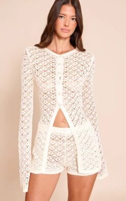 Cream Crochet Knit Long Sleeve Cardigan