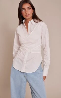 Prettylittlething White Cotton Wrap Detail Longline Shirt