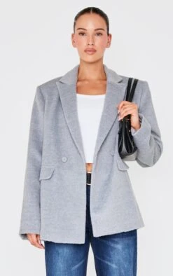 Prettylittlething Grey Oversized Textured Wool Look Blazer
