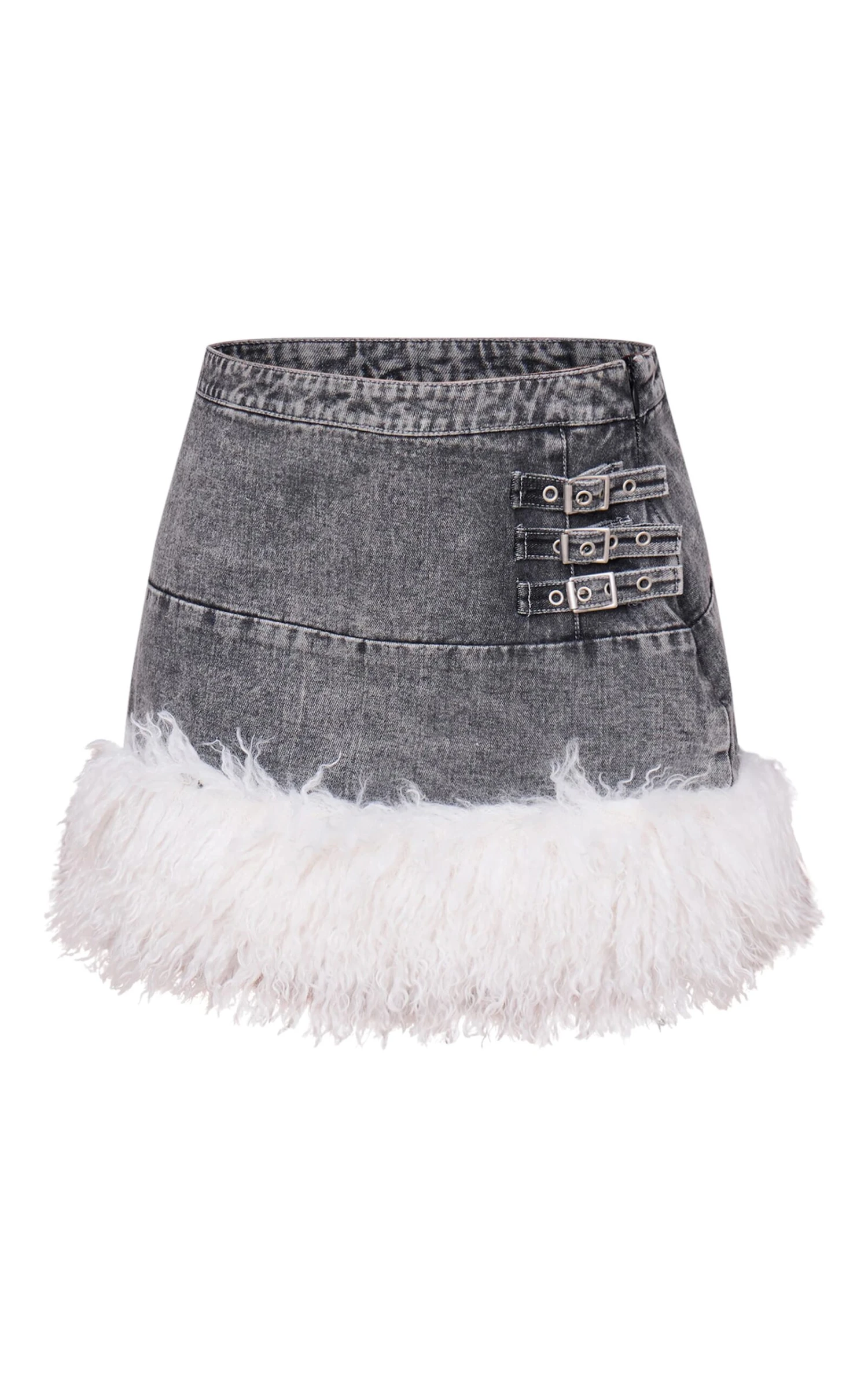 Prettylittlething Washed Grey Denim Mini Skirt With Fur Trims 6 Prettylittlething Washed Grey Denim Mini Skirt With Fur Trims - Image 6