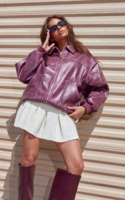 Prettylittlething Burgundy Distressed Faux Leather Oversized Longline Bomber Jacket