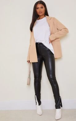 Black Faux Leather Split Hem Straight Leg Pants
