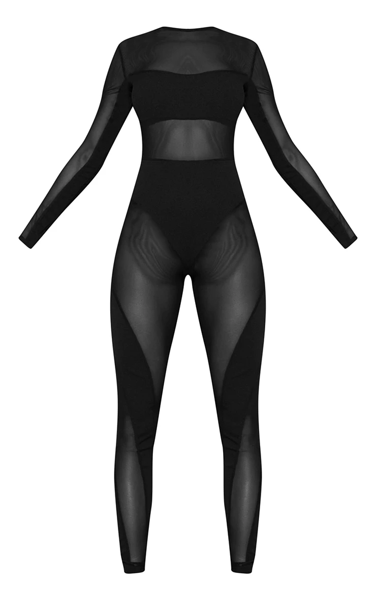 Prettylittlething Black Mesh Panelled Long Sleeve Jumpsuit 5 Prettylittlething Black Mesh Panelled Long Sleeve Jumpsuit - Image 5