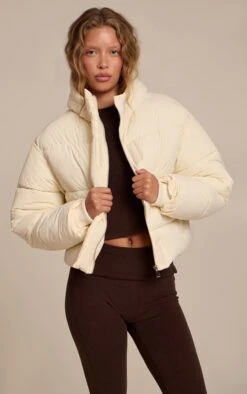 Cream Cropped Drawstring Puffer Jacket