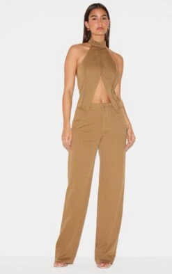 Prettylittlething Khaki Woven High Neck Zip Detail Straight Leg Jumpsuit