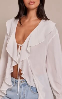 White Chiffon Ruffle Tie Front Blouse -Pretty Little Thing Shop 0fd3fee2b8a3b0a5e7c535afc2031fb5e56f8423 CNO0754 4 white chiffon ruffle tie front blouse