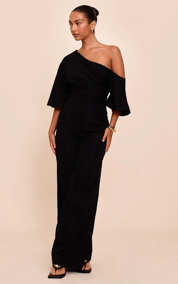 Prettylittlething Black Woven Asymmetric Short Sleeve Wide Leg Jumpsuit - Image 3