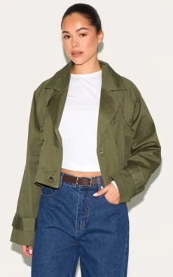 Prettylittlething Khaki Cropped Storm Flap Detail Trench Coat