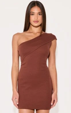 Prettylittlething Chocolate Rib Fold One Shoulder Mini Dress