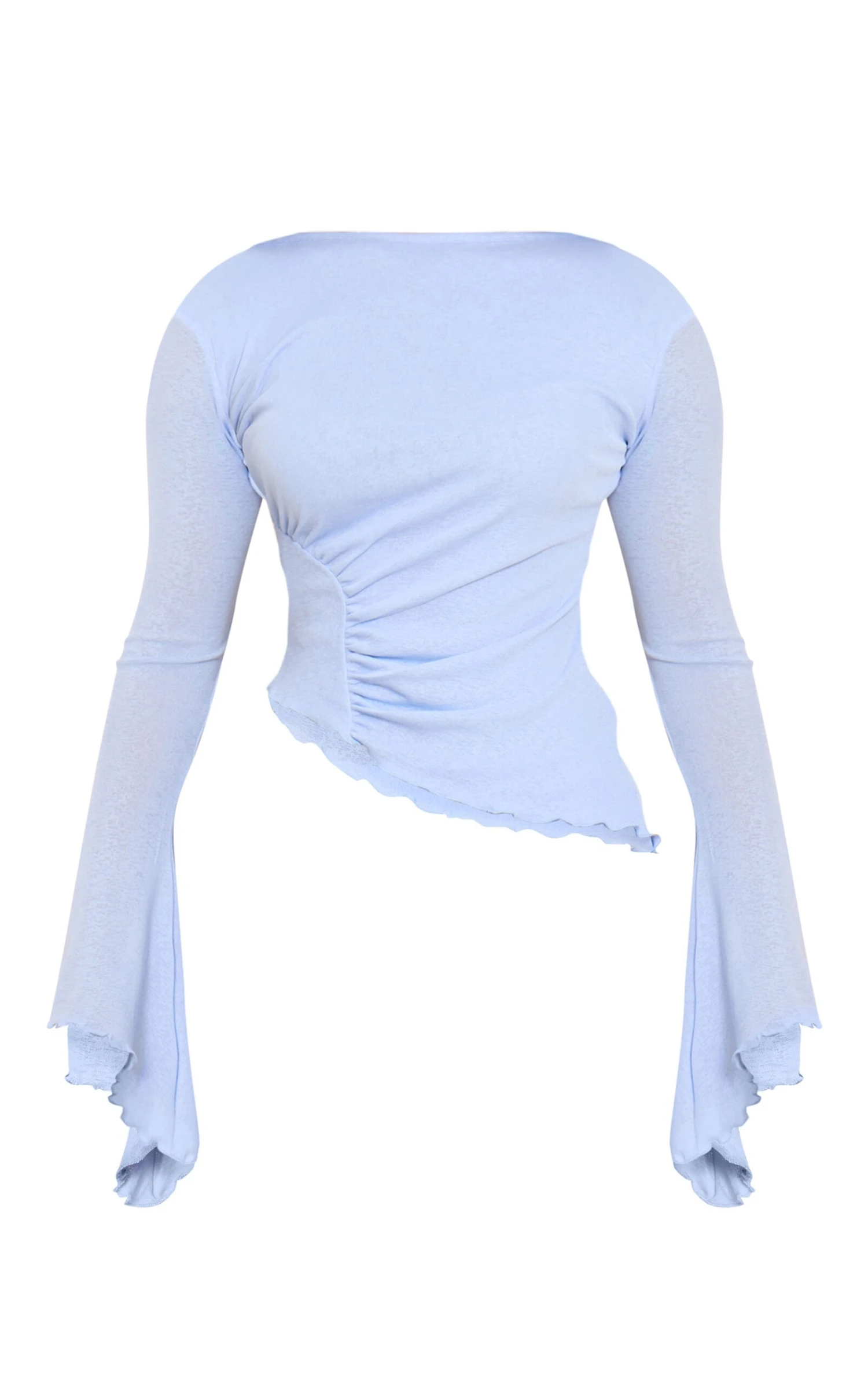 Light Blue Burnout Mesh Ruched Front Flared Sleeve Long Top 5 Light Blue Burnout Mesh Ruched Front Flared Sleeve Long Top - Image 5