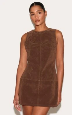 Prettylittlething Deep Chocolate Structured Faux Suede Seam Detail Sleeveless Shift Dress