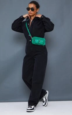 Prettylittlething Washed Black Oversized Denim Boilersuit