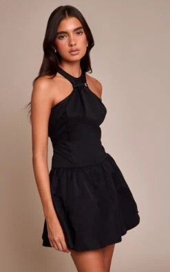 Prettylittlething Black Belt Detail Sleeveless Pleated Shift Dress