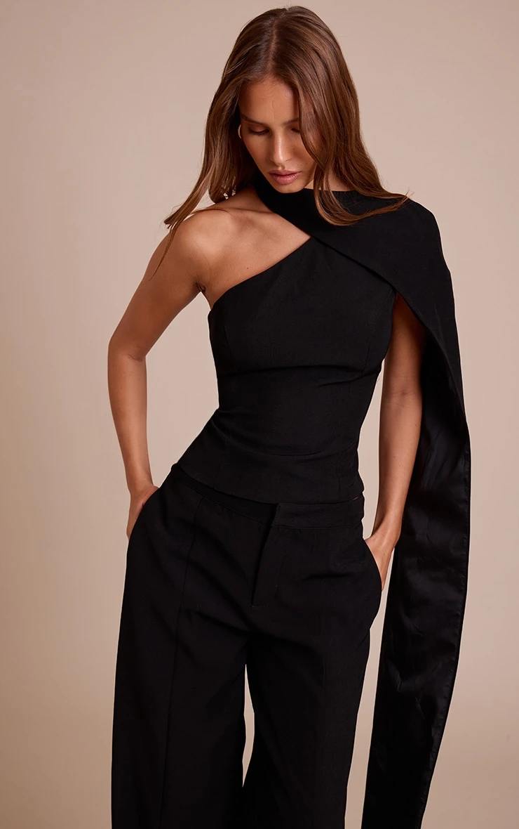 Prettylittlething Black Tailored Woven Shoulder Cape Top