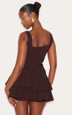 Prettylittlething Chocolate Stretch Woven Pleated Skort Romper -Pretty Little Thing Shop 112c0a3567cd6ff3013030709942f1aaba832f53 CNM5741 2 chocolate stretch woven pleated skort playsuit