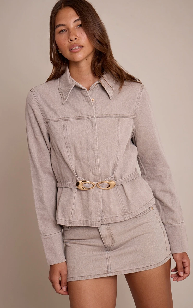 Prettylittlething Stone Concealed Placket Crop Belted Denim Jacket 1 Prettylittlething Stone Concealed Placket Crop Belted Denim Jacket
