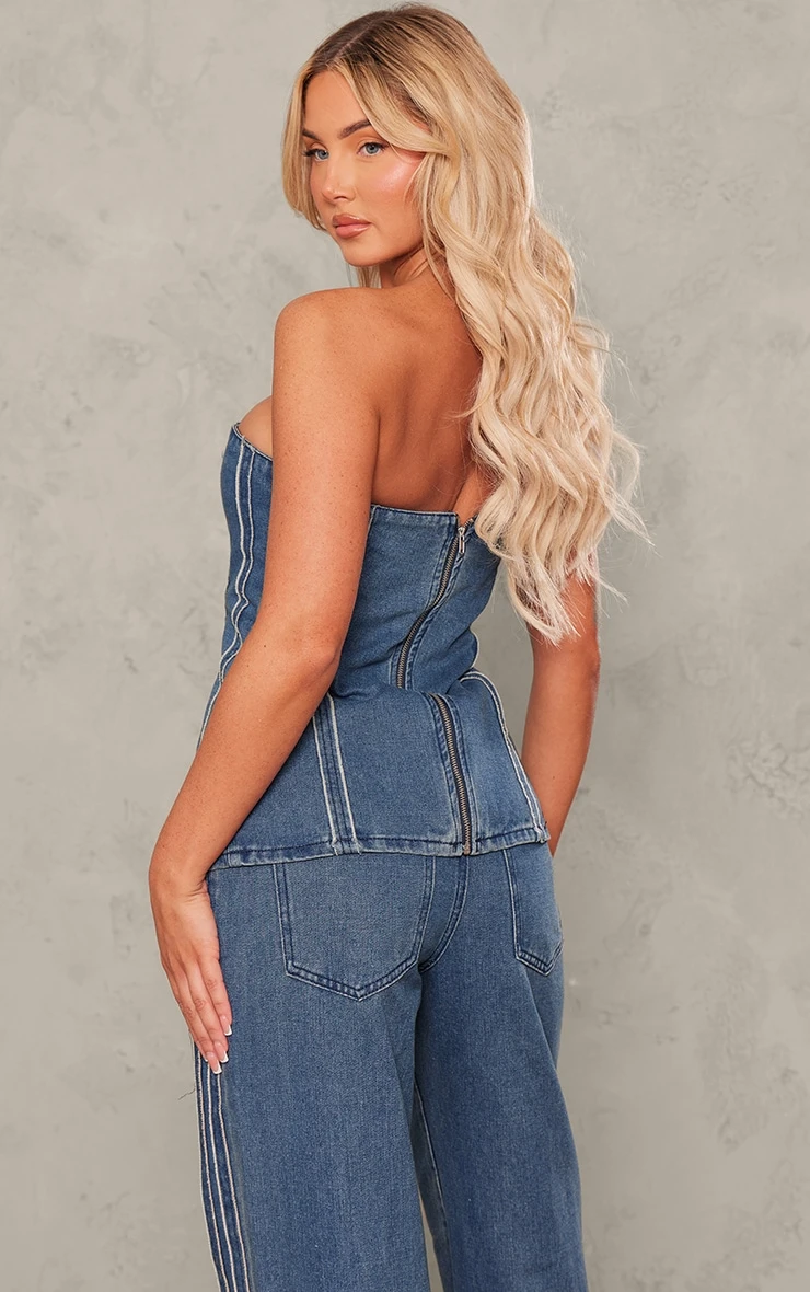 Indigo Raw Stripe Detail Lace Up Corset Top 2 Indigo Raw Stripe Detail Lace Up Corset Top - Image 2