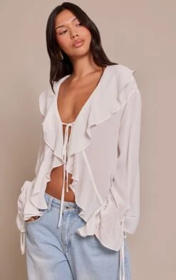 White Chiffon Ruffle Tie Front Blouse
