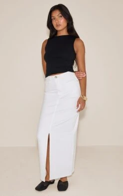 Prettylittlething White Split Denim Maxi Skirt