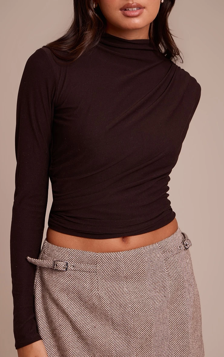Prettylittlething Dark Chocolate Soft Touch High Neck Ruched Detail Long Sleeve Top - Image 4