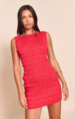 Prettylittlething Red Boat Neck Shirred Bodycon Dress
