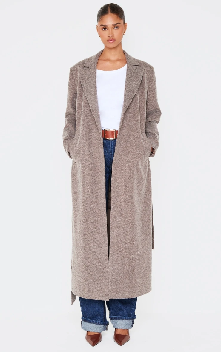 Prettylittlething Mushroom Herringbone Self Tie Maxi Coat 3 Prettylittlething Mushroom Herringbone Self Tie Maxi Coat - Image 3